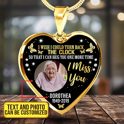Personalized Photo I Wish I Could Turn Back The Clock So That I Can Hug You One More Time Heart Pendant Necklace - Bangle