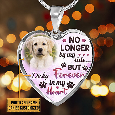 Custom Photo Dog No Longer By My Side But Forever In My Heart Heart Pendant Necklace - Missing Dog In Heaven Gift