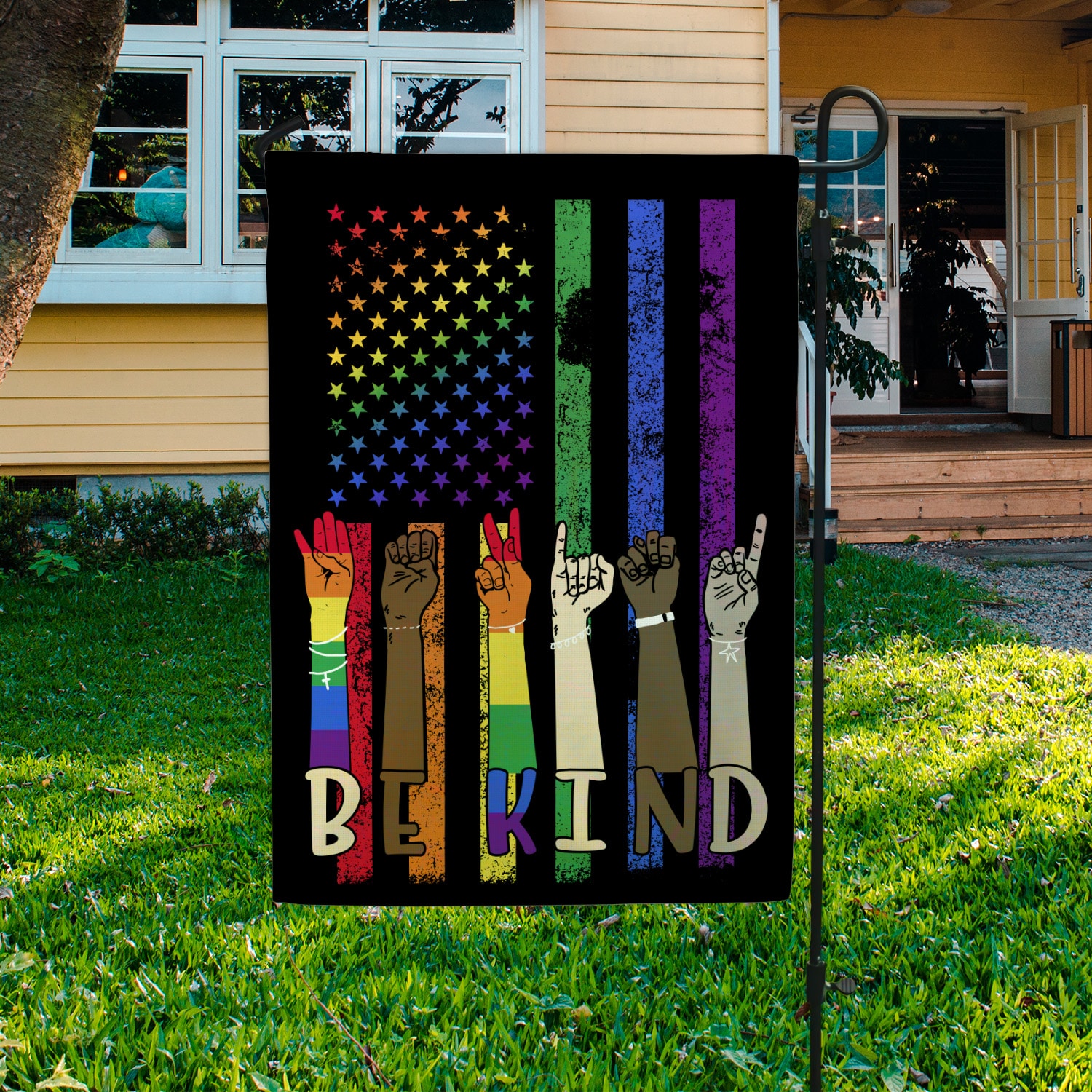3VT. Be Kind LGBT Flag Garden Flag Mockup 3