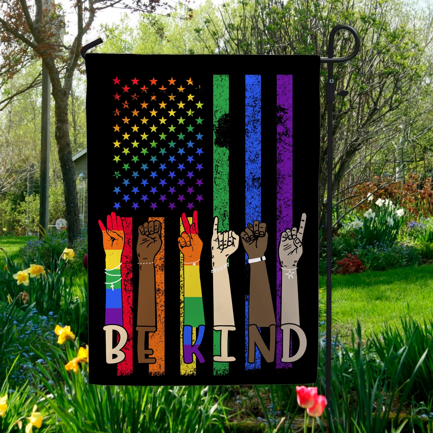 3VT. Be Kind LGBT Flag Garden Flag Mockup 5