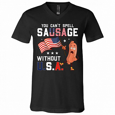 Spell Sausage t, Black, V-Neck T-Shirt