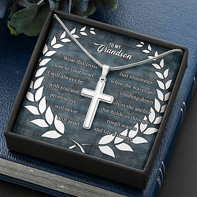 To My Grandson Wear This Cross Close to Your Heart I Will Always Be With You Artisan Crafted Cross Necklace
