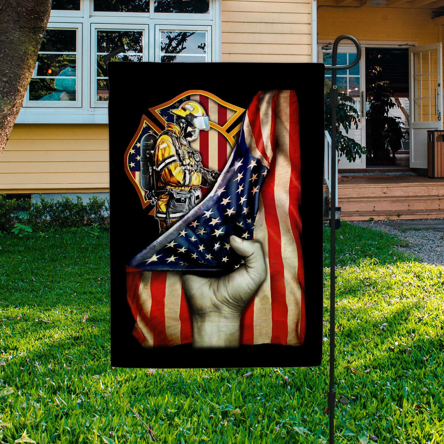 2. Firefighter American Flag (4) Garden Flag Mockup 3