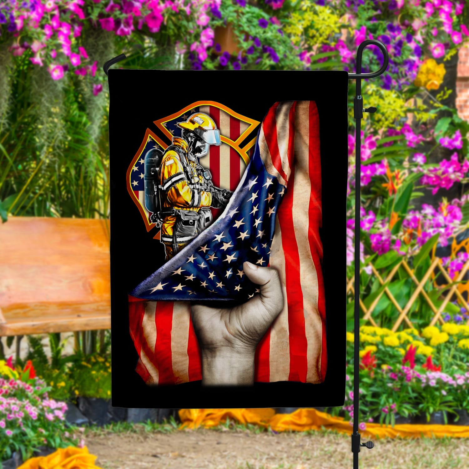 2. Firefighter American Flag (4) Garden Flag Mockup 4