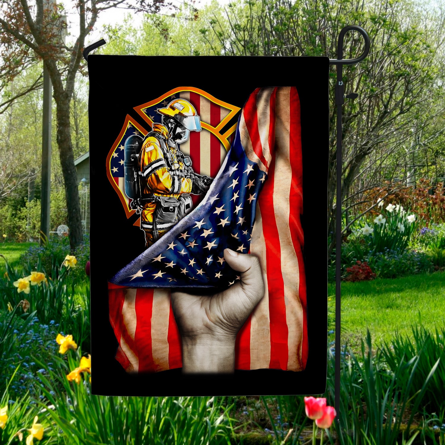2. Firefighter American Flag (4) Garden Flag Mockup 5