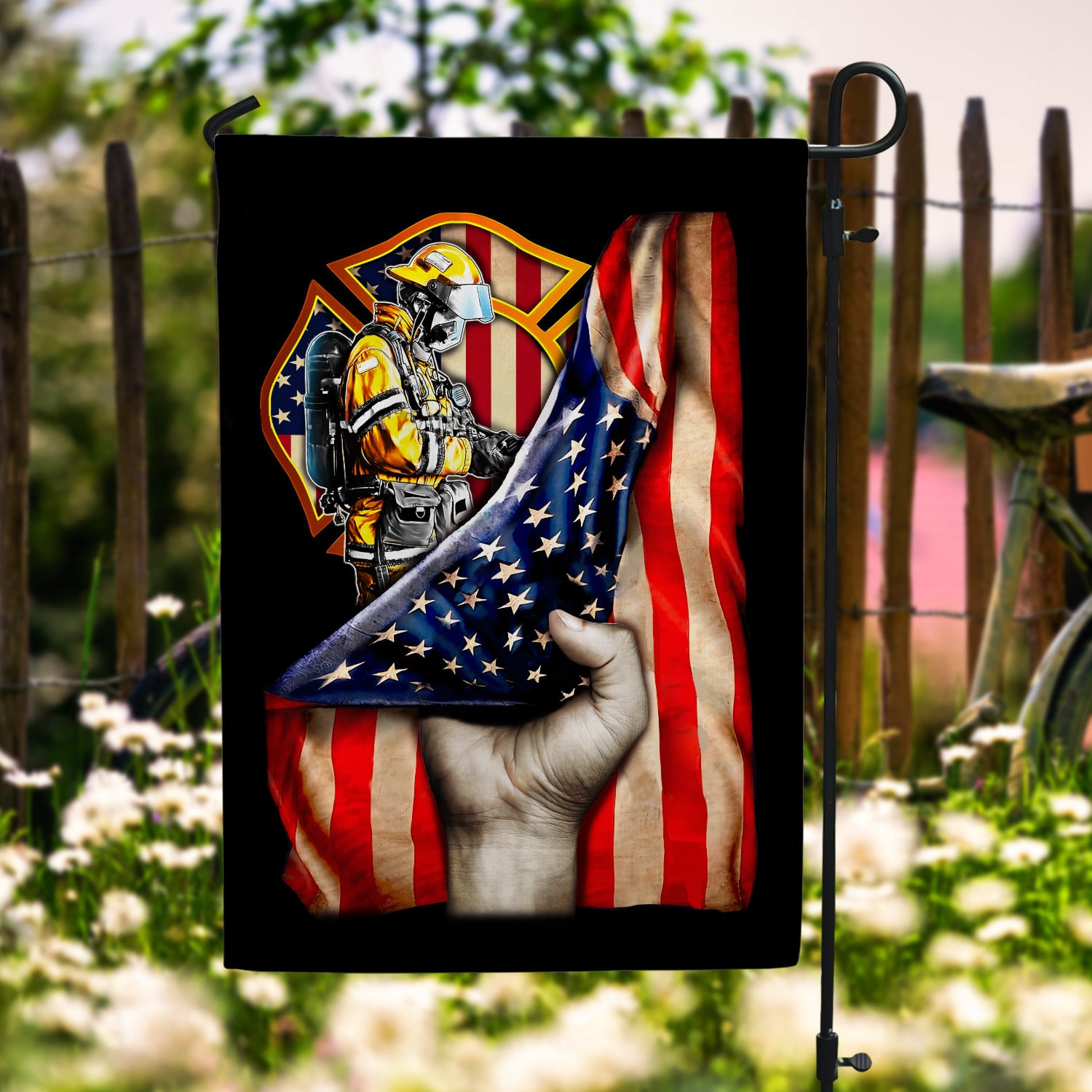 2. Firefighter American Flag (4) Garden Flag Mockup 6