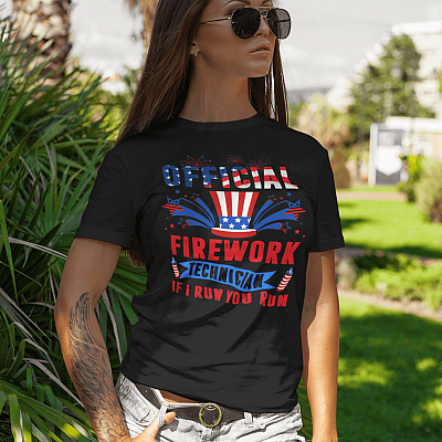 Alternative view of Official Firework Technician If I Run You Run 4th Of July T-Shirt - V-Neck Shirt