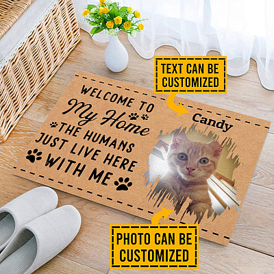 Personalized Photo Cat Welcome To My Home The Humans Just Live Here With Me House Doormat - Outdoor Indoor Doormat