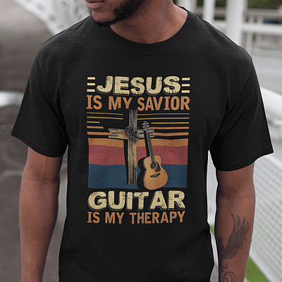 Jesus Is My Savior Guitar Is My Therapy Vintage Retro T-Shirt - V-Neck Shirt