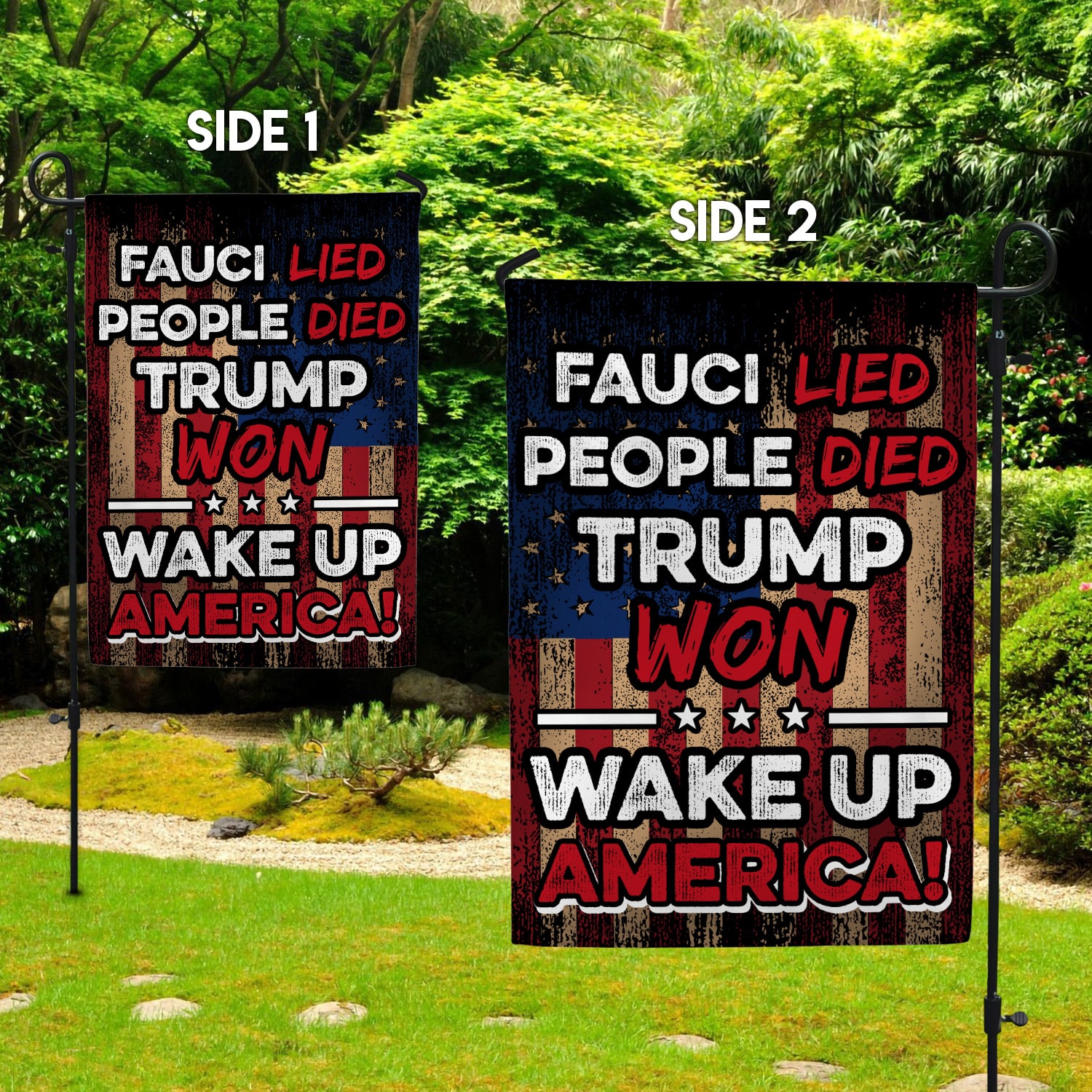 1LV- Fauci Lied People Died FLAG-Right Garden Flag Mockup 2 Side