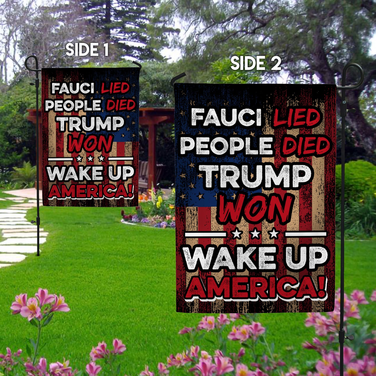 1LV- Fauci Lied People Died FLAG-Right Garden Flag Mockup 2 Side-1