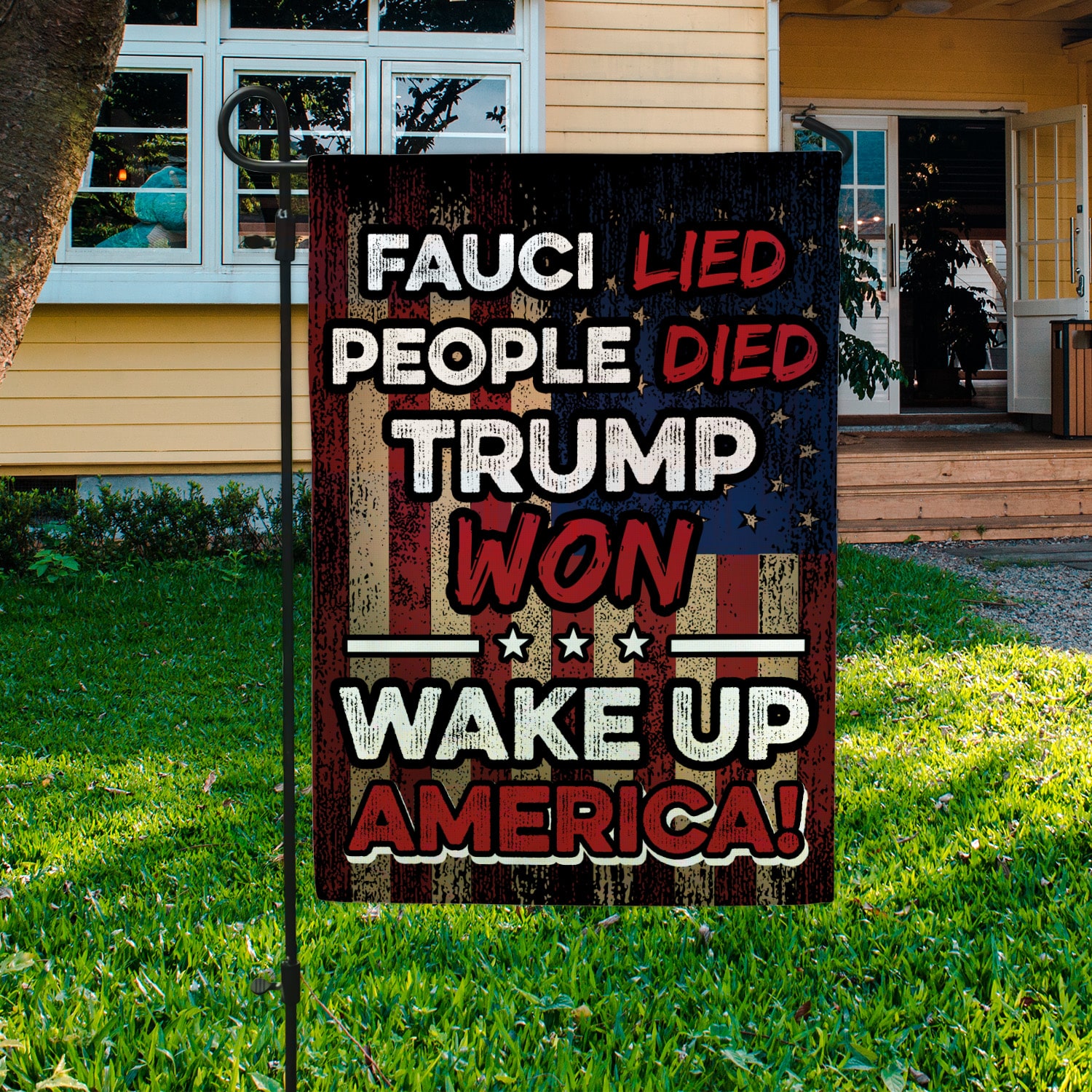 1LV- Fauci Lied People Died FLAG-Right Garden Flag Mockup 3