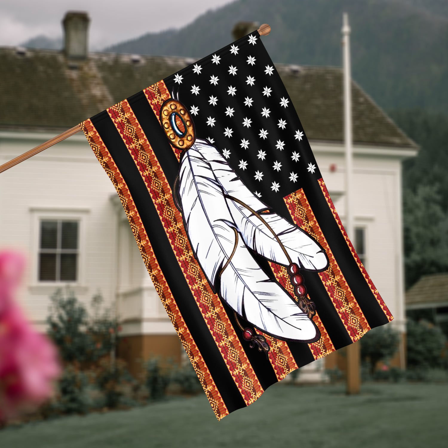 9VT. Feather Native American House Flag Mockup 4