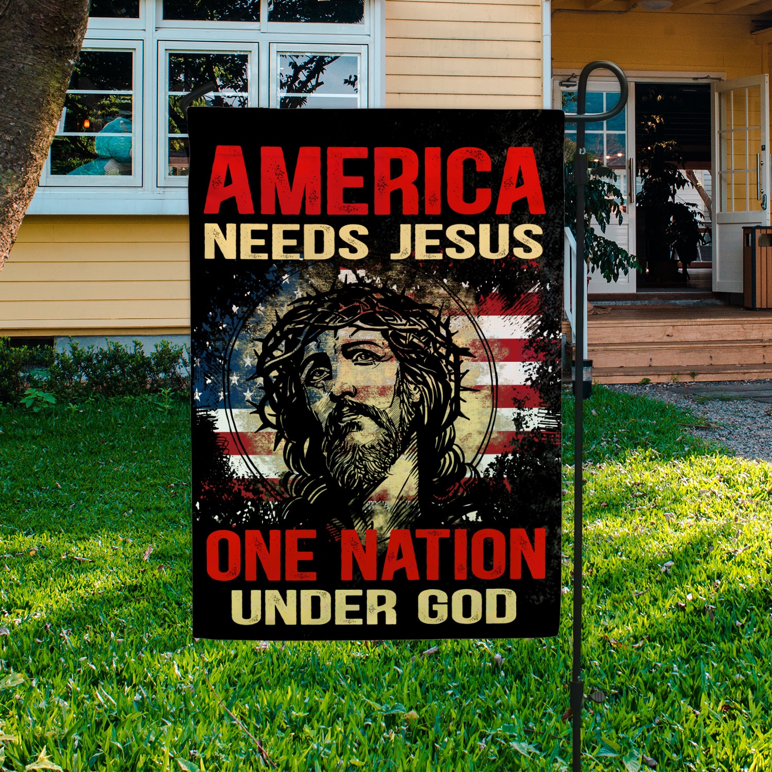 10VT. America Needs Jesus Garden Flag Mockup 3