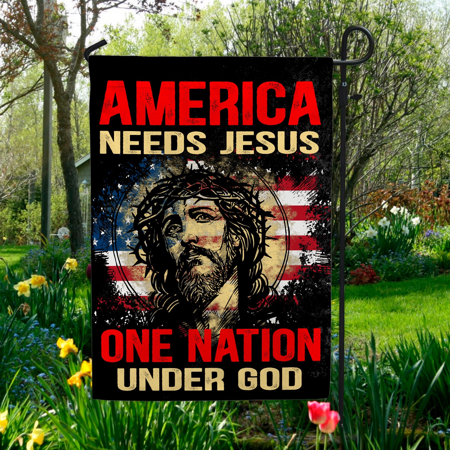 10VT. America Needs Jesus Garden Flag Mockup 5