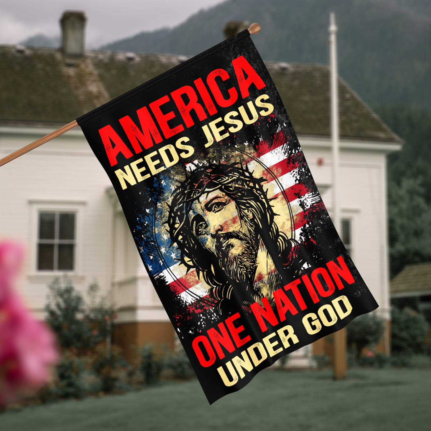 10VT. America Needs Jesus House Flag Mockup 4