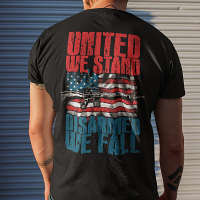 Alternative view of United We Stand Disarmed We Fall Pro Gun Print On Back T-Shirt Only - Gun Right Plain Front Shirt