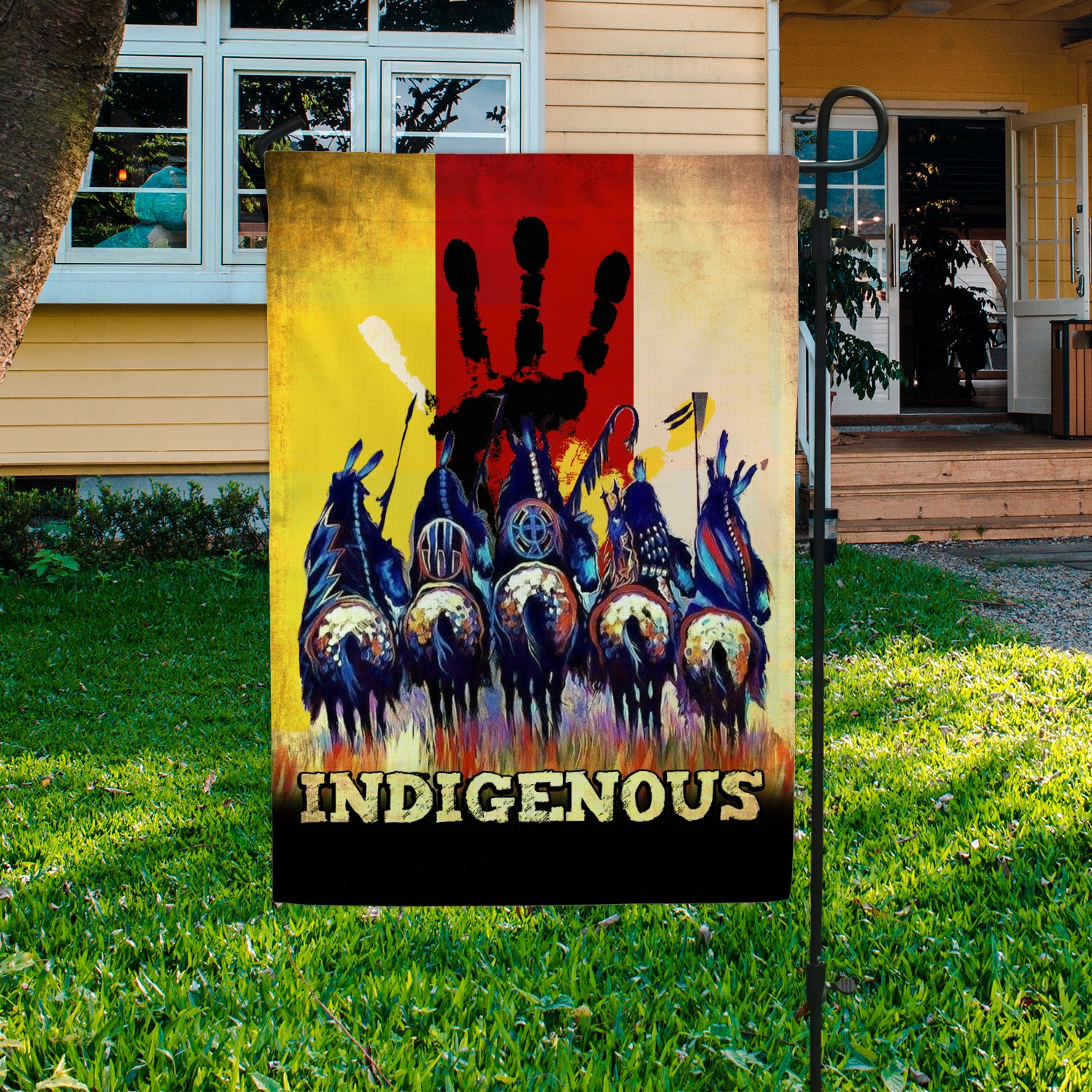 2LV. Indigenous Flag (4) Garden Flag Mockup 3