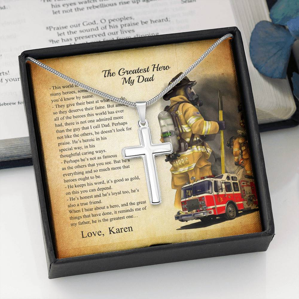 Personalized The Greatest Hero My Dad Firefighter Cross Pendant Necklace - Custom Gift For Firefighter Dad Personalized The Greatest Hero My Dad Firefighter Cross Pendant Necklace - Custom Gift For Firefighter Dad