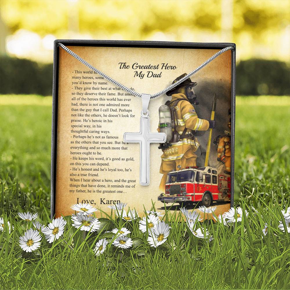 Personalized The Greatest Hero My Dad Firefighter Cross Pendant Necklace - Custom Gift For Firefighter Dad Personalized The Greatest Hero My Dad Firefighter Cross Pendant Necklace - Custom Gift For Firefighter Dad