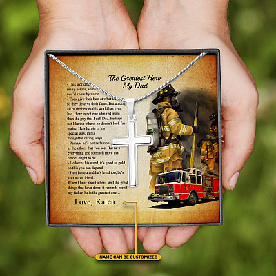 Alternative view of Personalized The Greatest Hero My Dad Firefighter Cross Pendant Necklace - Custom Gift For Firefighter Dad