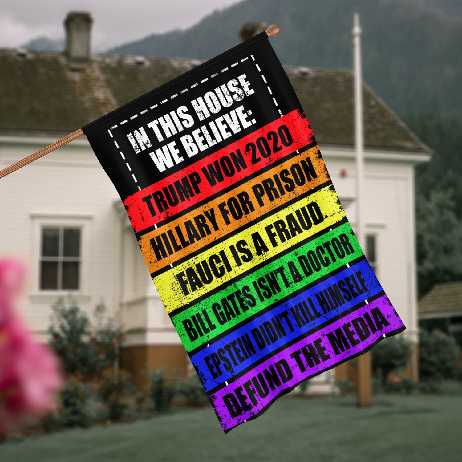 8VT. In This House We Believe Trump Won House Flag Mockup 4
