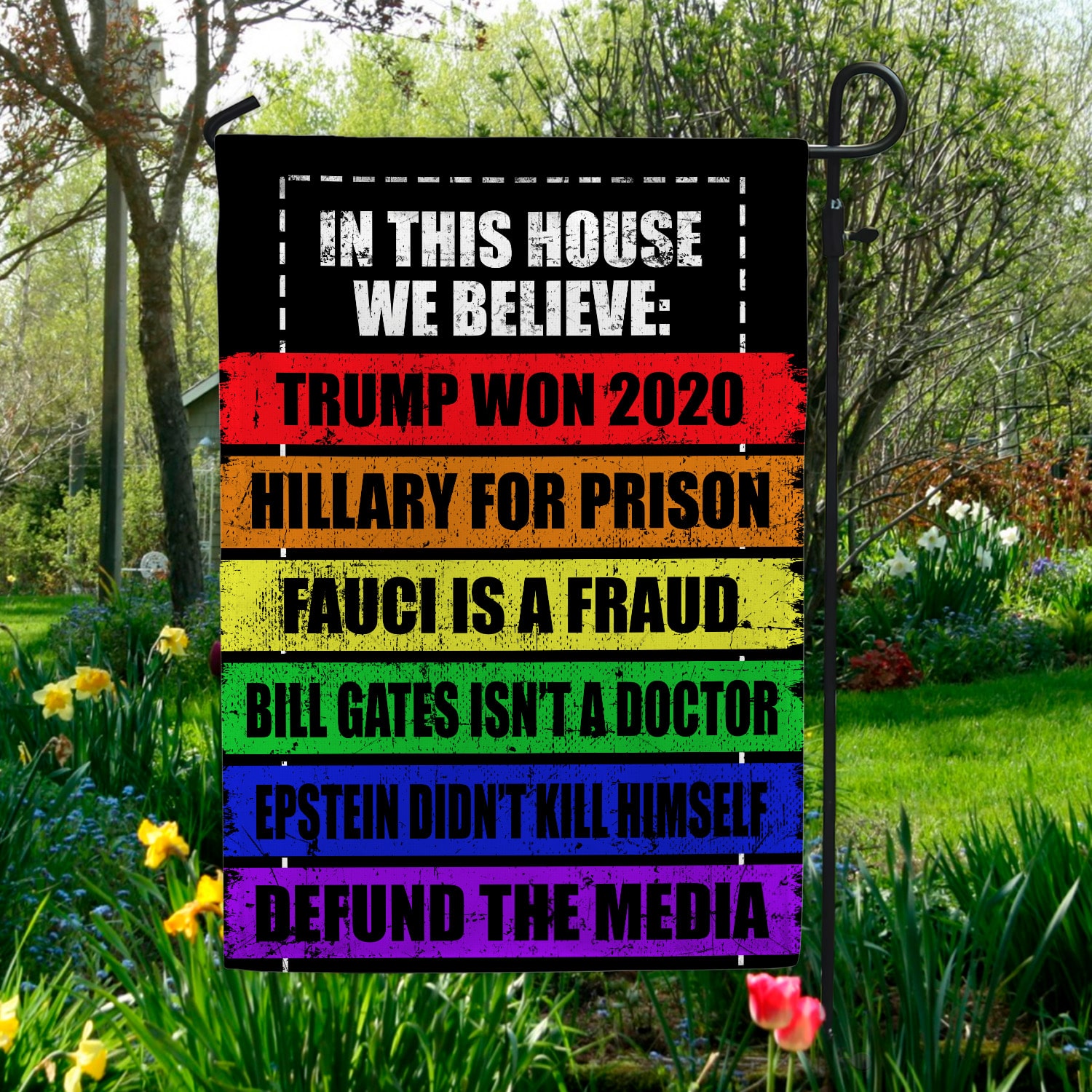 8VT. In This House We Believe Trump Won Garden Flag Mockup 5