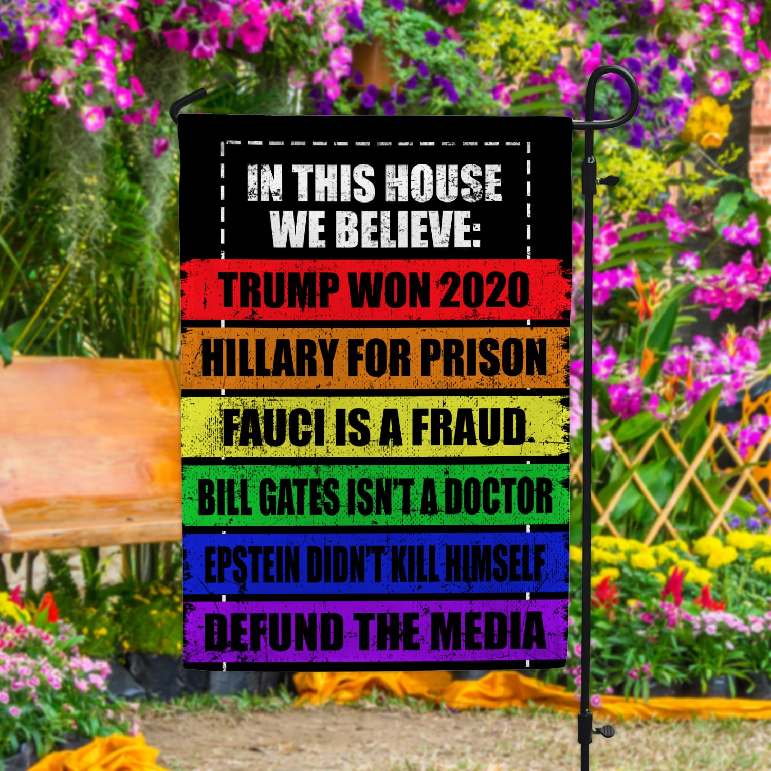 8VT. In This House We Believe Trump Won Garden Flag Mockup 4