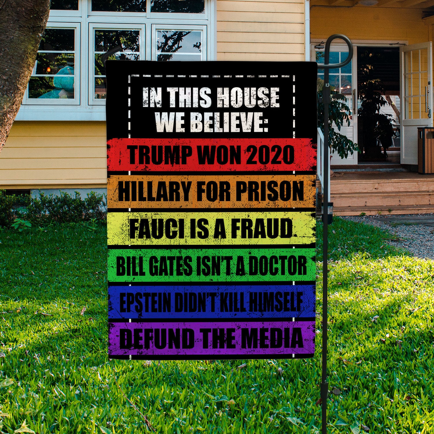 8VT. In This House We Believe Trump Won Garden Flag Mockup 3