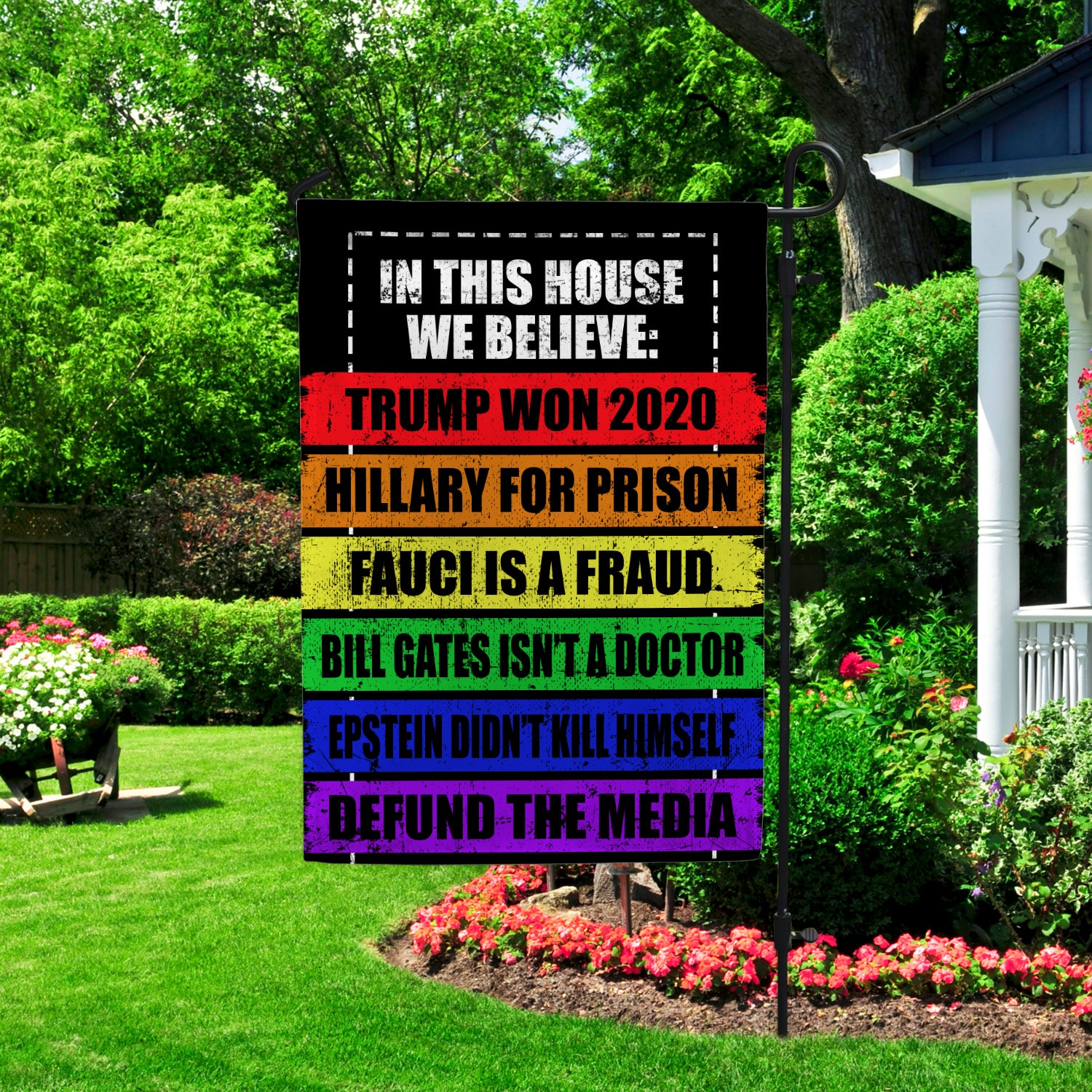8VT. In This House We Believe Trump Won Garden Flag Mockup 2