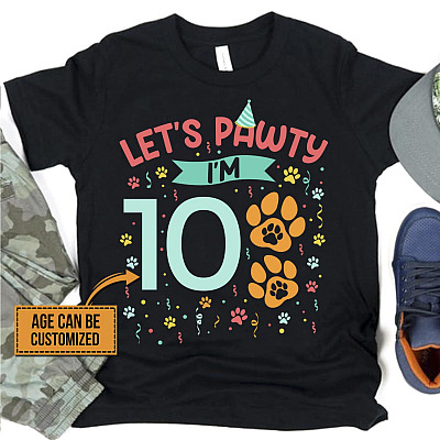 Personalized Let's Pawty Birthday Cute Dog Youth T-Shirt - Birthday Shirt for Kids