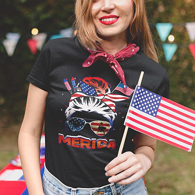 Merica Emu Messy Bun Sunglasses Women T-Shirt - V-Neck Shirt - 4th Of Jult Shirt for Women