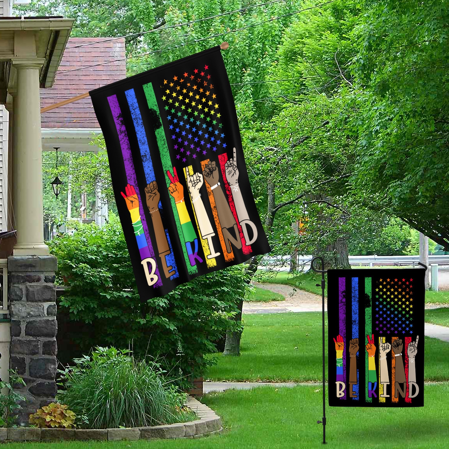 3VT. Be Kind LGBT Flag (6) Garden & House Mockup 1