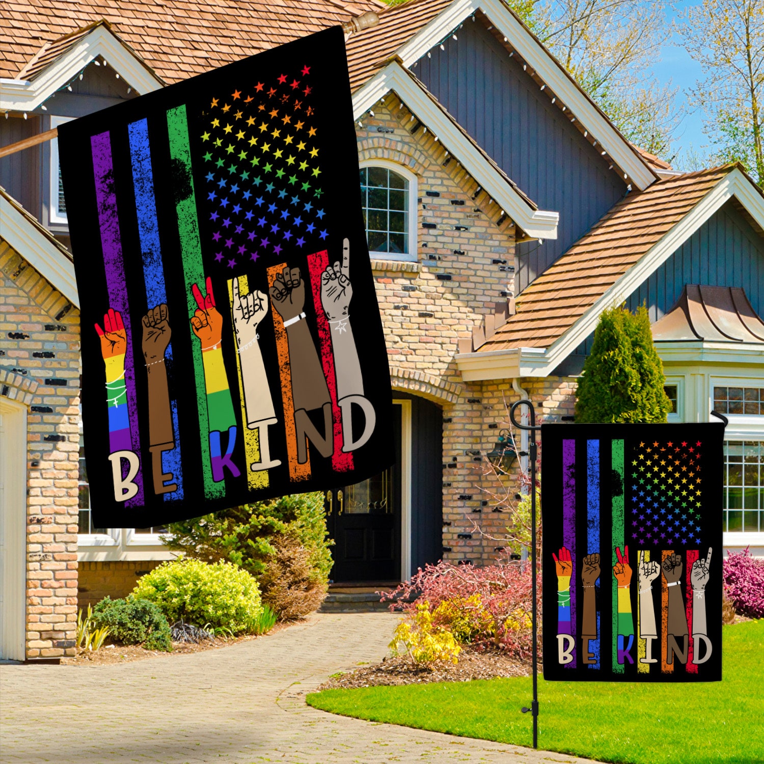 3VT. Be Kind LGBT Flag (6) Garden & House Mockup 3