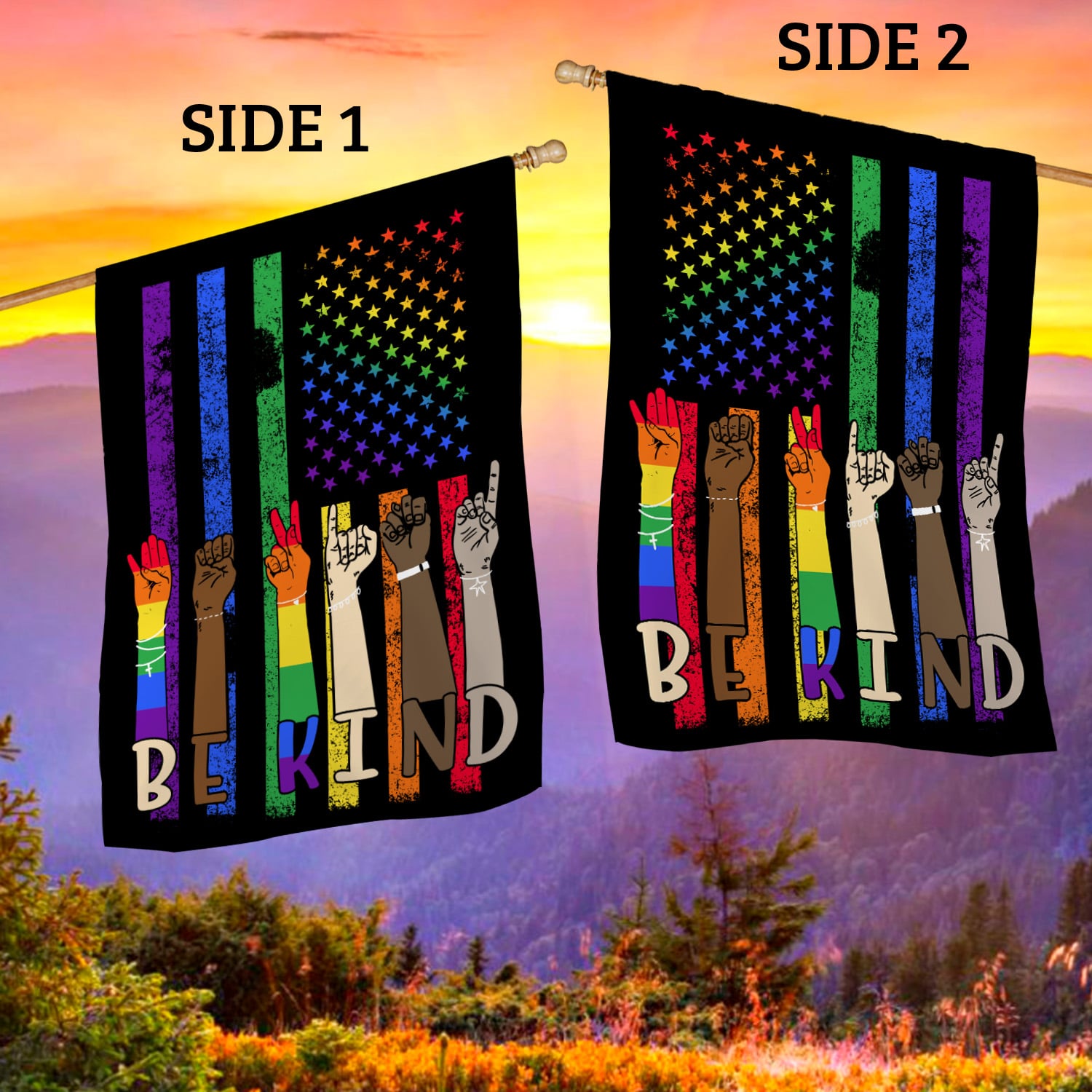 3VT. Be Kind LGBT Flag (6) House Flag Mockup 2 Side