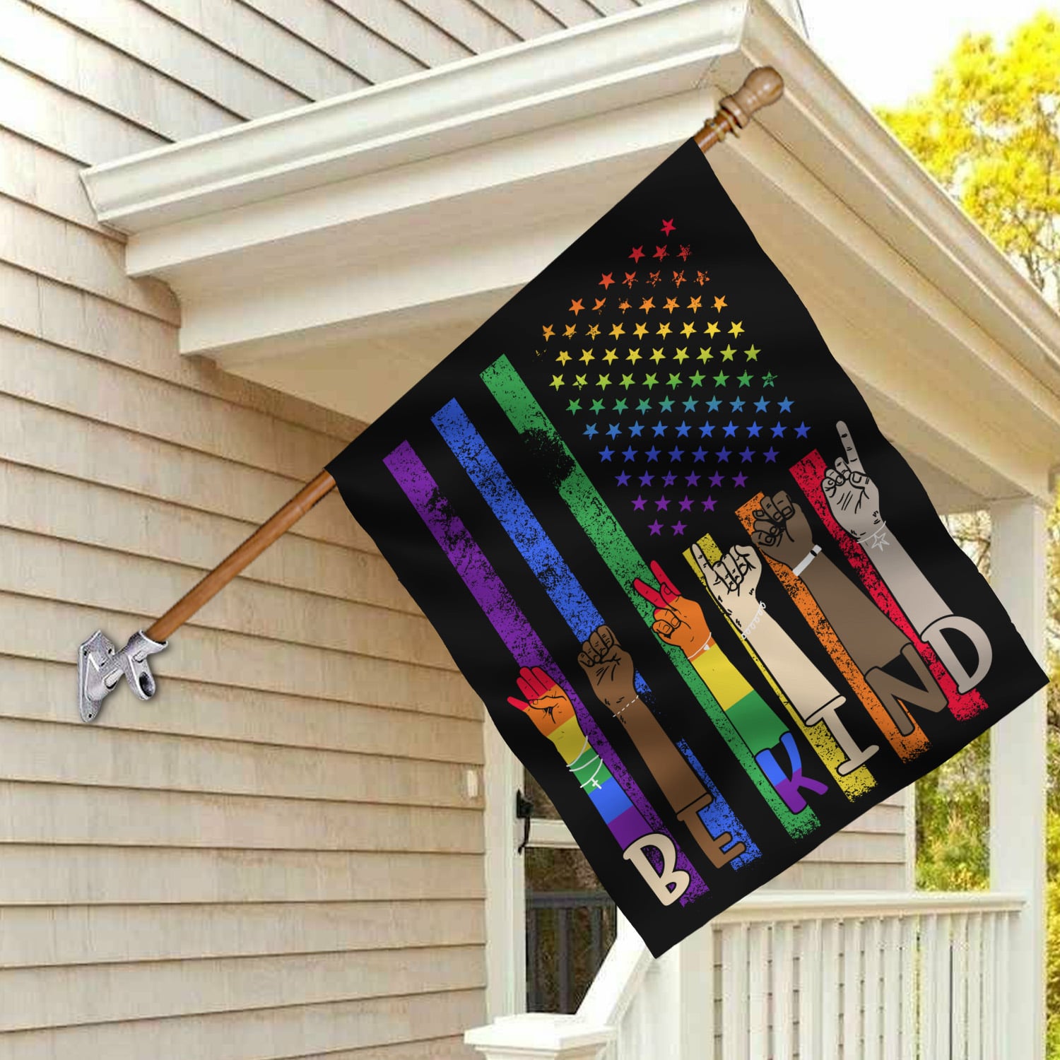 3VT. Be Kind LGBT Flag (6) House Flag Mockup 2