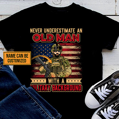 Alternative view of Personalized Never Underestimate An Old Man With A Military Background T-Shirt - Old Man Veteran Shirt