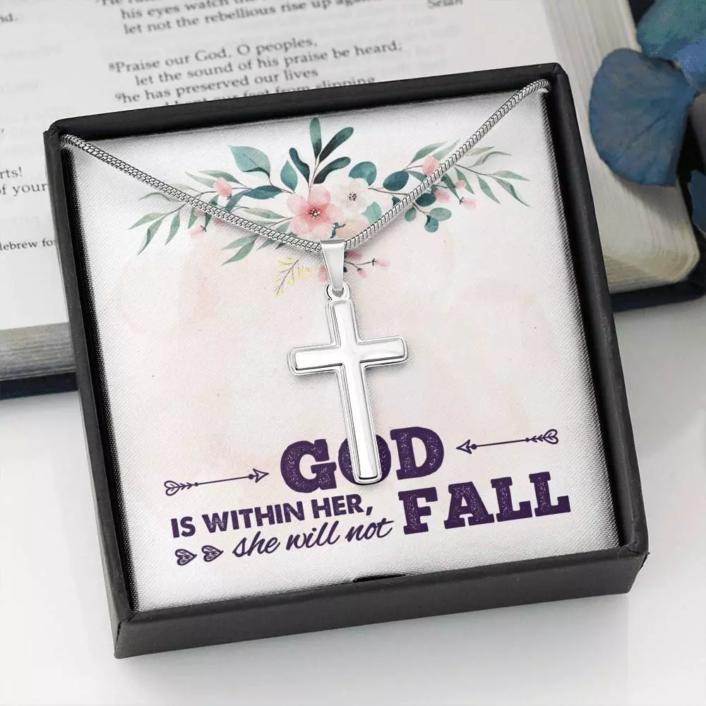 God is Within Her She Will Not Fall Cross Pendant Necklace God is Within Her She Will Not Fall Cross Pendant Necklace