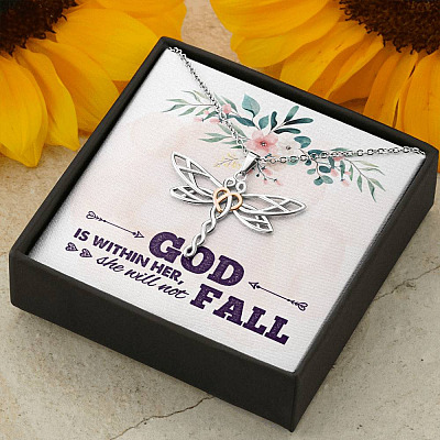 God is Within Her She Will Not Fall Dragonfly Pendant Necklace
