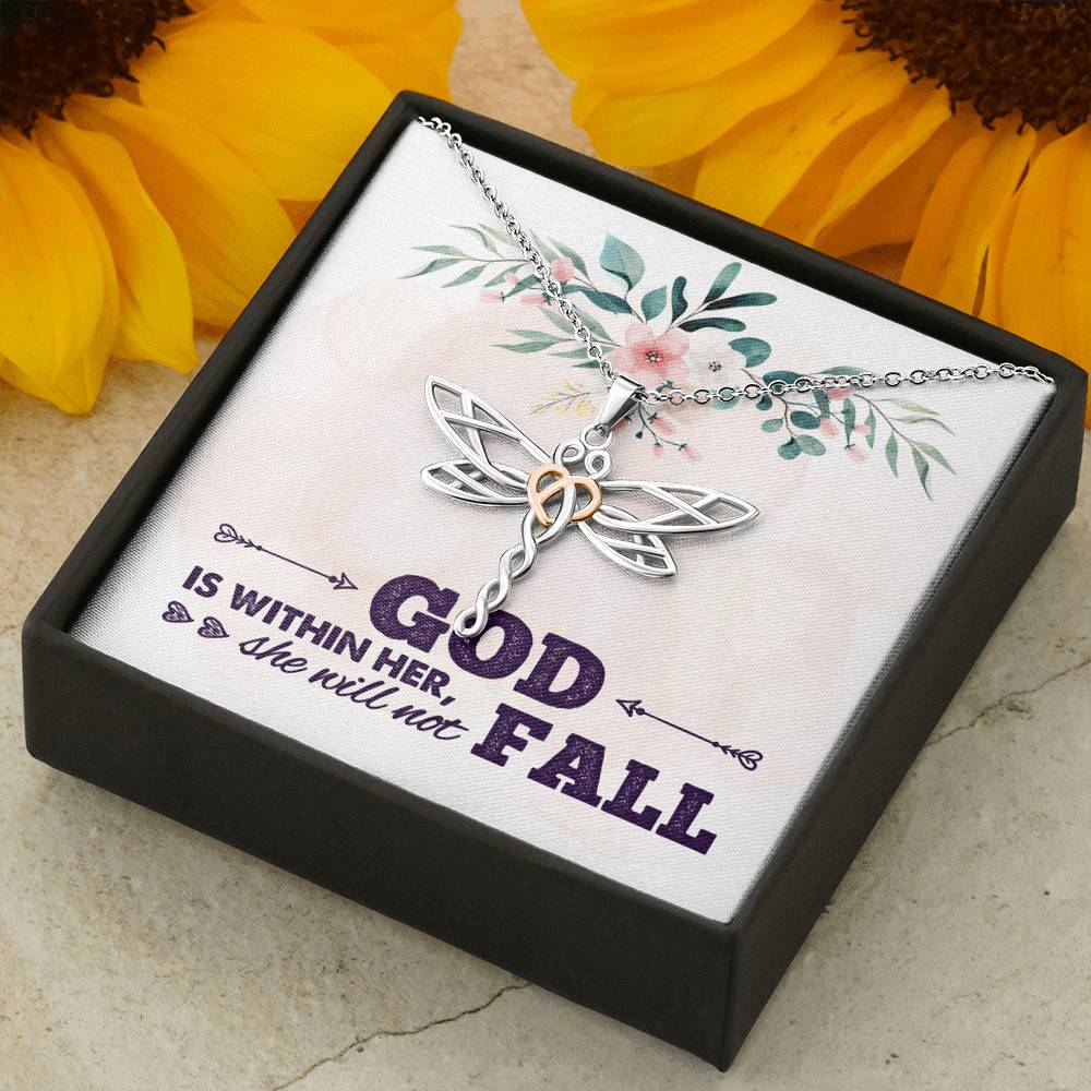God is Within Her She Will Not Fall Dragonfly Pendant Necklace God is Within Her She Will Not Fall Dragonfly Pendant Necklace