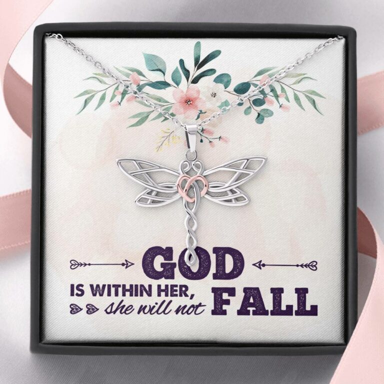 God is Within Her She Will Not Fall Dragonfly Pendant Necklace