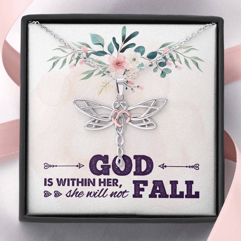 God is Within Her She Will Not Fall Dragonfly Pendant Necklace God is Within Her She Will Not Fall Dragonfly Pendant Necklace