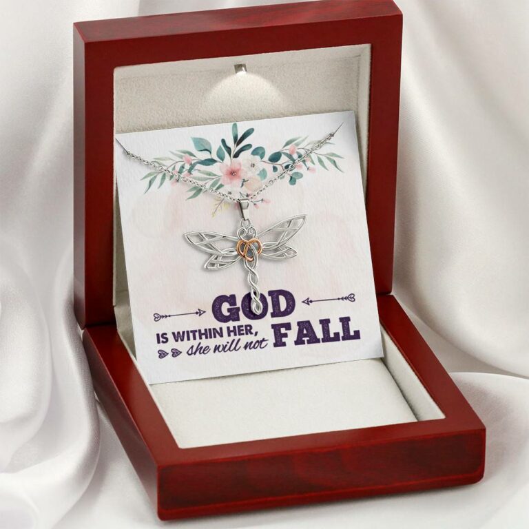 God is Within Her She Will Not Fall Dragonfly Pendant Necklace