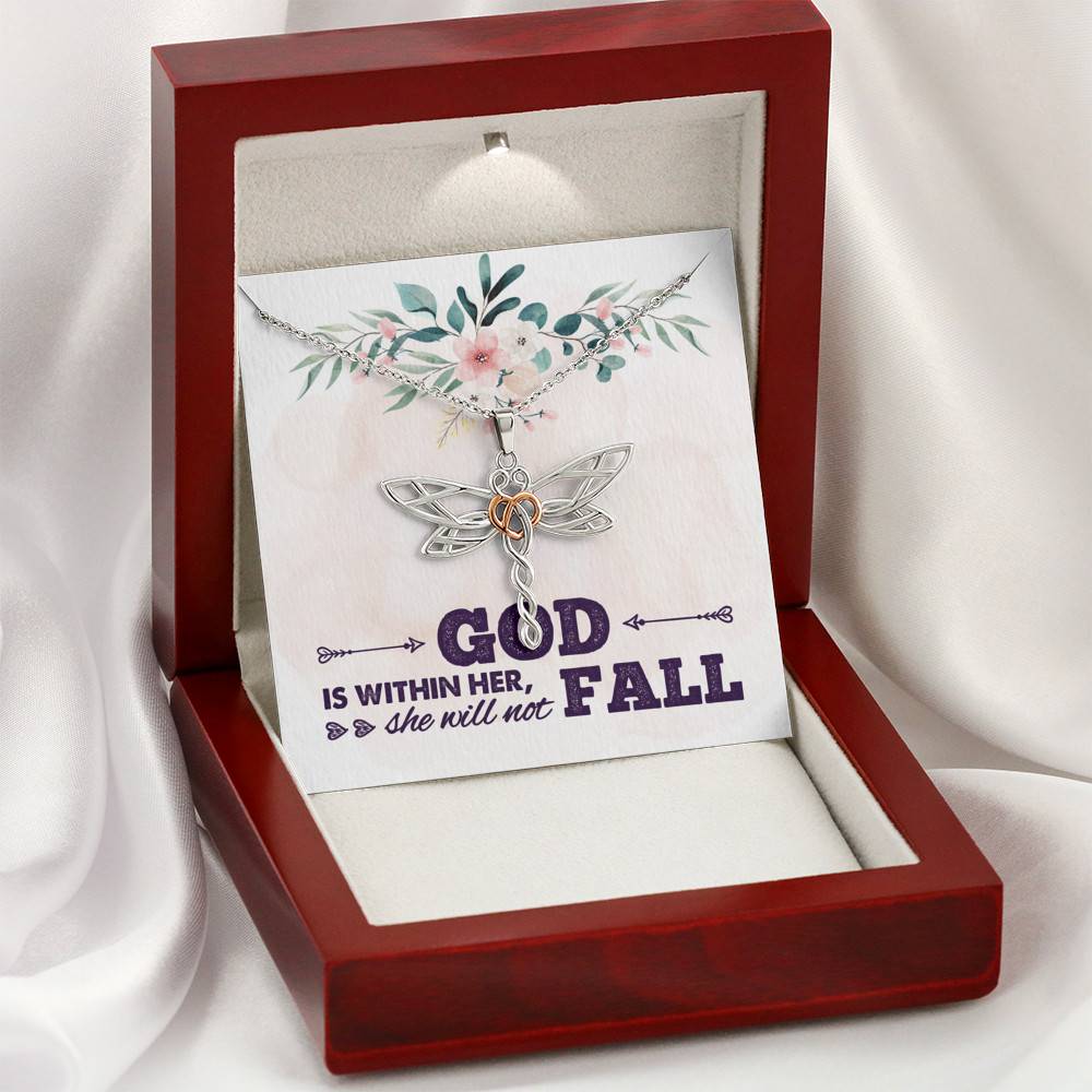 God is Within Her She Will Not Fall Dragonfly Pendant Necklace God is Within Her She Will Not Fall Dragonfly Pendant Necklace