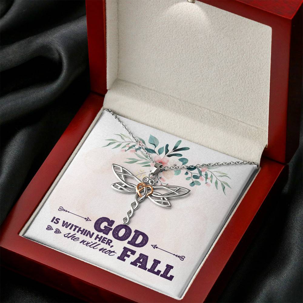 God is Within Her She Will Not Fall Dragonfly Pendant Necklace God is Within Her She Will Not Fall Dragonfly Pendant Necklace