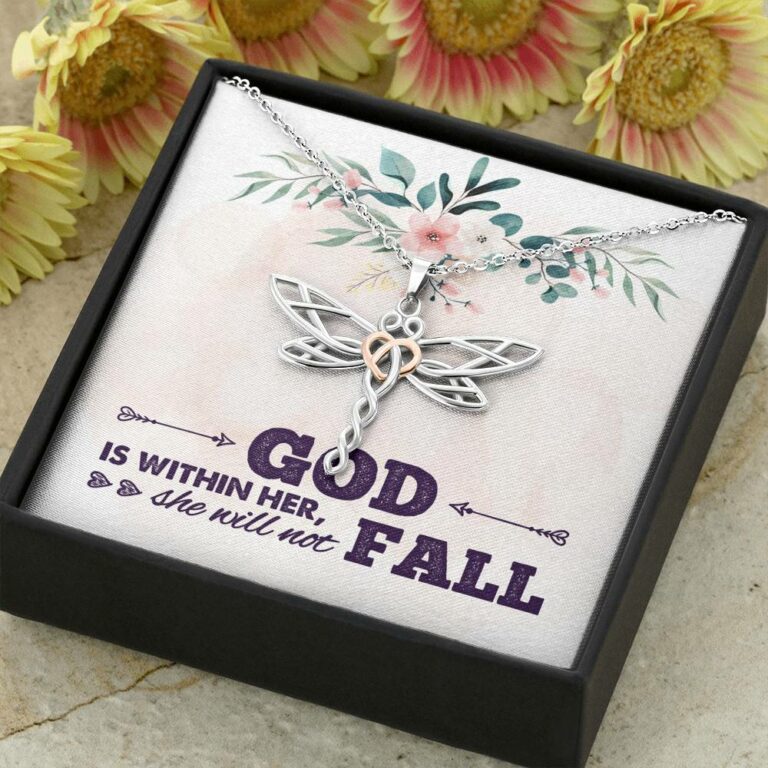 God is Within Her She Will Not Fall Dragonfly Pendant Necklace