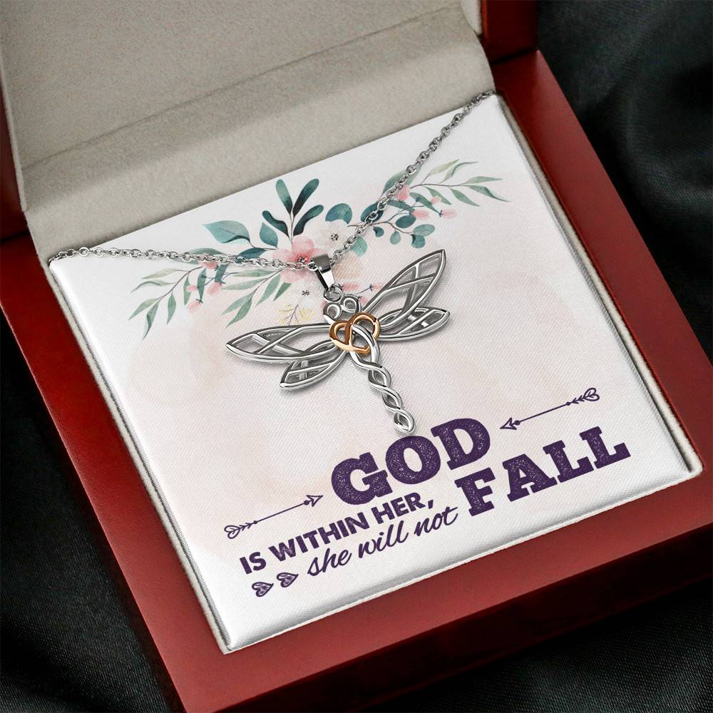God is Within Her She Will Not Fall Dragonfly Pendant Necklace God is Within Her She Will Not Fall Dragonfly Pendant Necklace