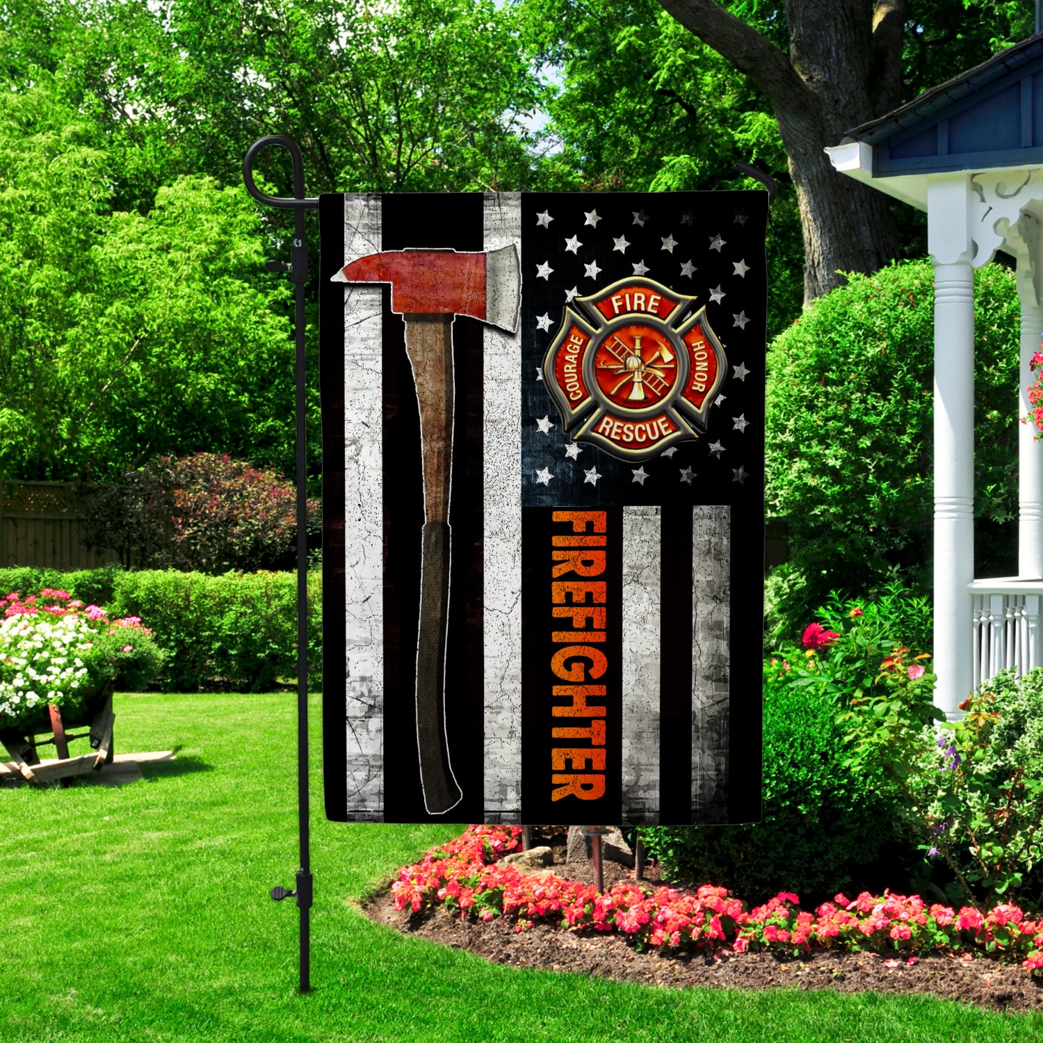 69 HG. Firefighter Hammer 1 Garden Flag Mockup 2