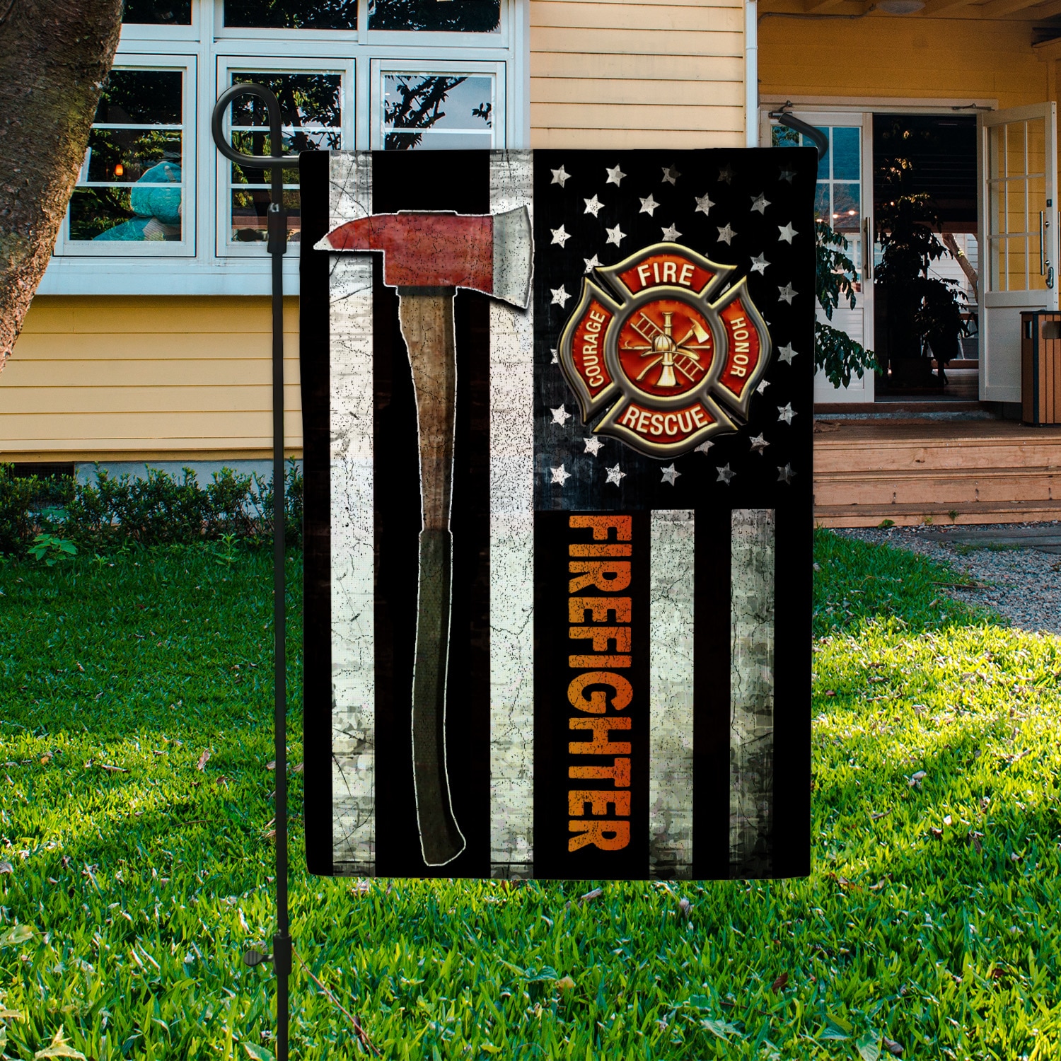 69 HG. Firefighter Hammer 1 Garden Flag Mockup 3