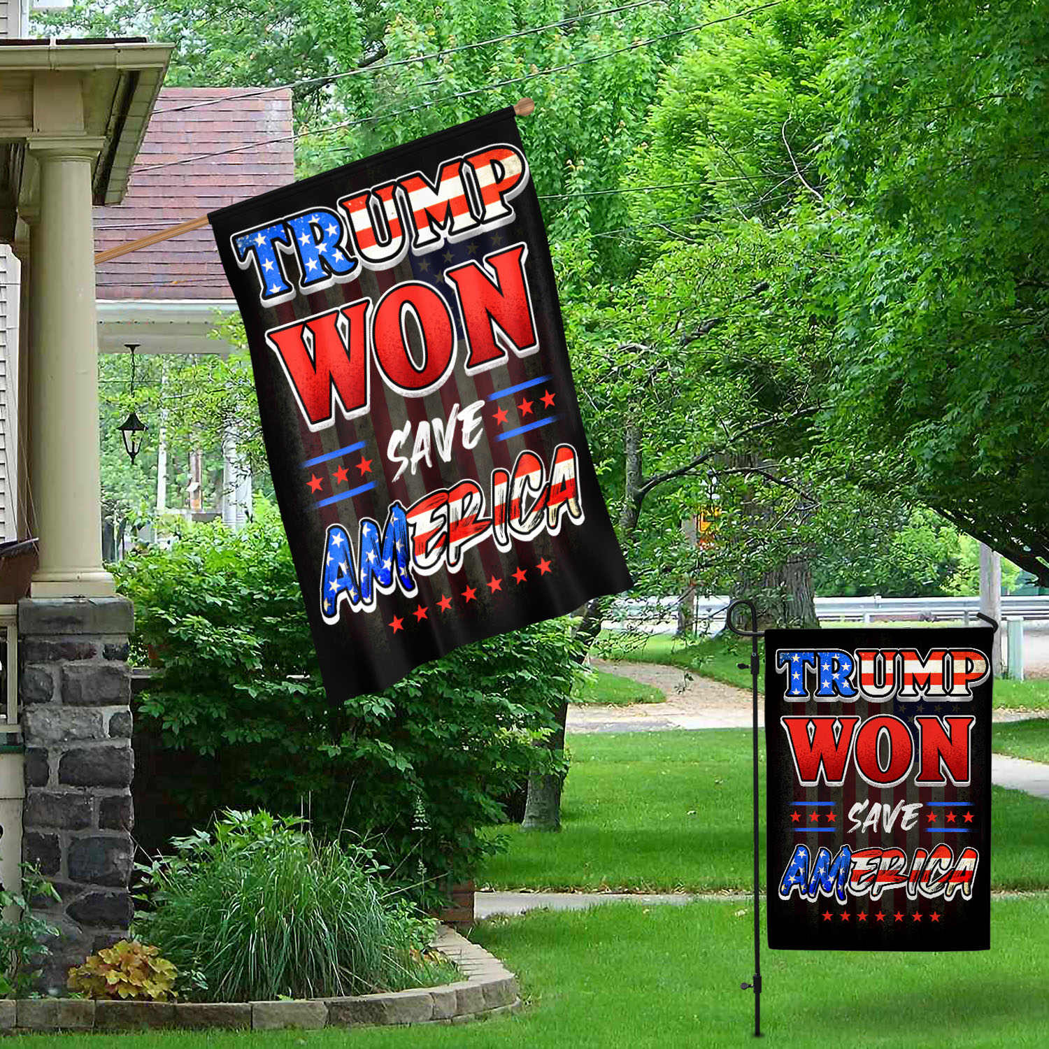 4O. Trump Won (Flag - Full) Garden & House Mockup 1
